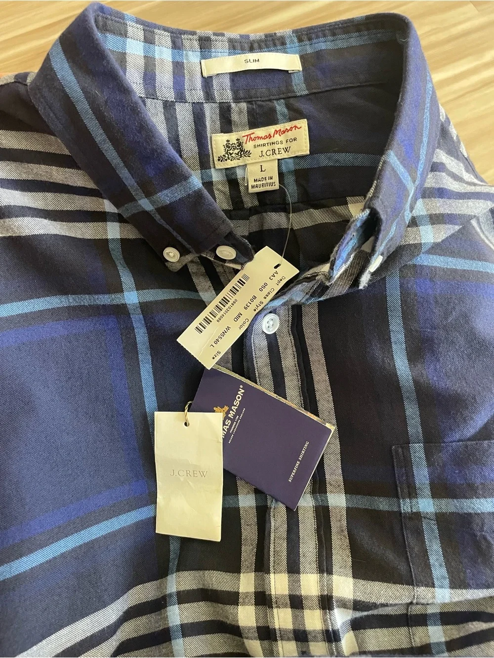 NWT J.Crew x Thomas Mason Blue White Plaid button up Dress Shirt L